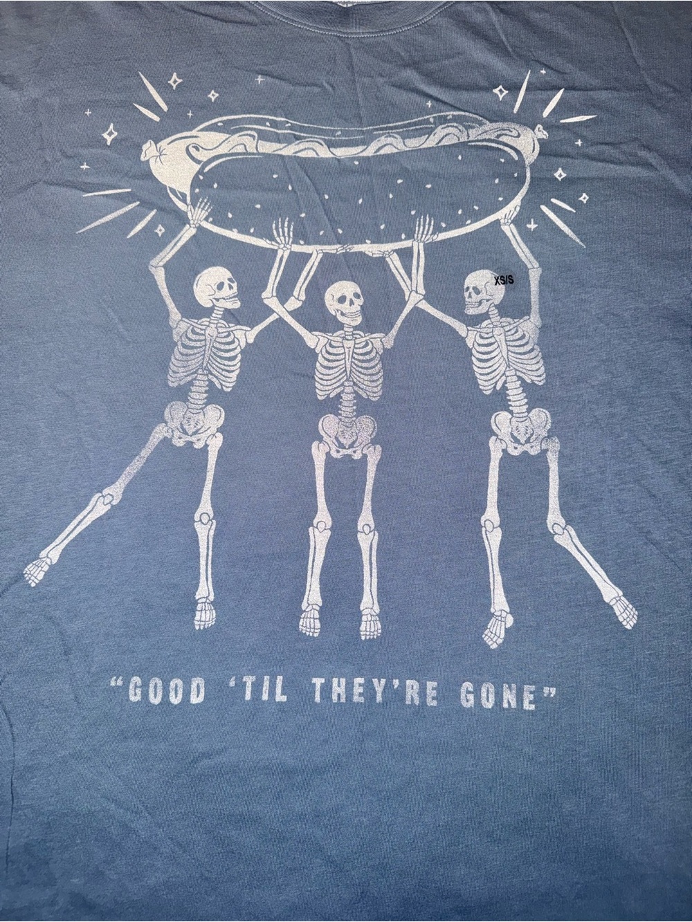 American Eagle Blue Crewneck Tee with Skeleton Hot Dog Graphic Size XS/S NWT - Picture 3 of 6